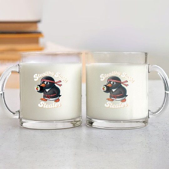Ninja Penguin Stealing Sushi Glass Mugs