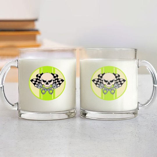 Light green racing stripe with skull and pistons Glass Mugs