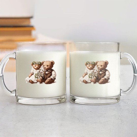 Vintage wedding: teddy bear bride and groom Glass Mugs