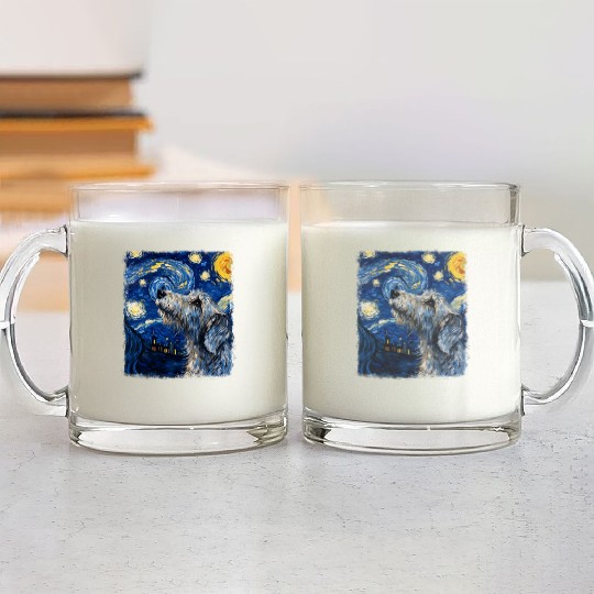 Irish Wolfhound Dog Starry Night Painting Glass Mugs