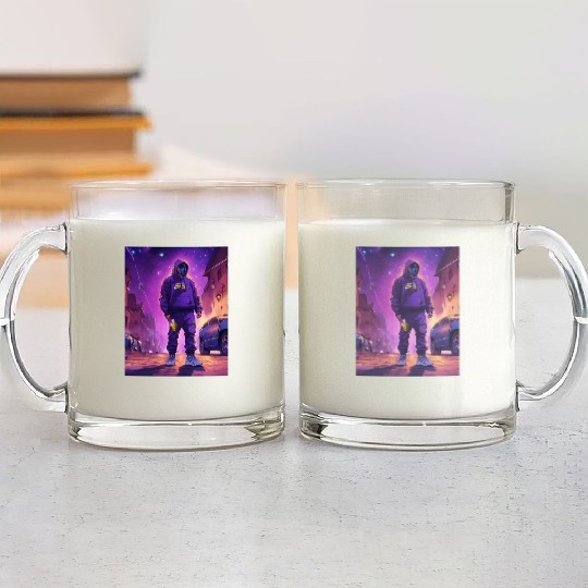 Hooded Figure in Futuristic Streetwear Glass Mugs