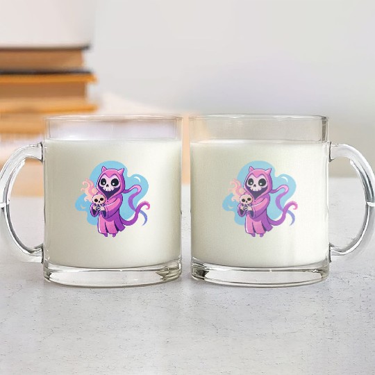 skeletal figure, violet pink robe, lavender puppy Glass Mugs