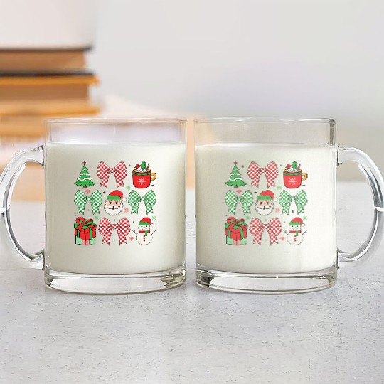 Retro Christmas Coquette Bow Santa Family Design Glass Mugs