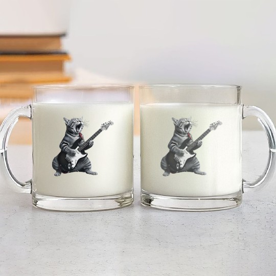 Cat Playing Guitar Rock Star Glass Mugs