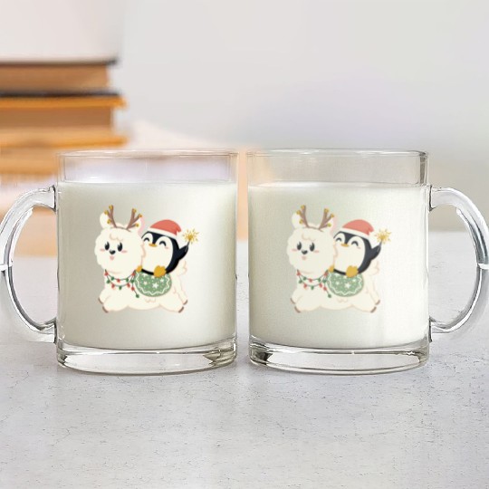 Alpaca and penguin celebrate Christmas Glass Mugs