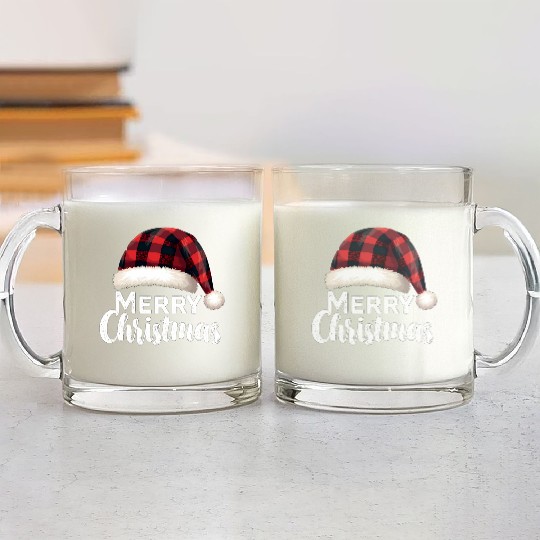Merry Christmas Buffalo Plaid Red Santa Hat Xmas Glass Mugs