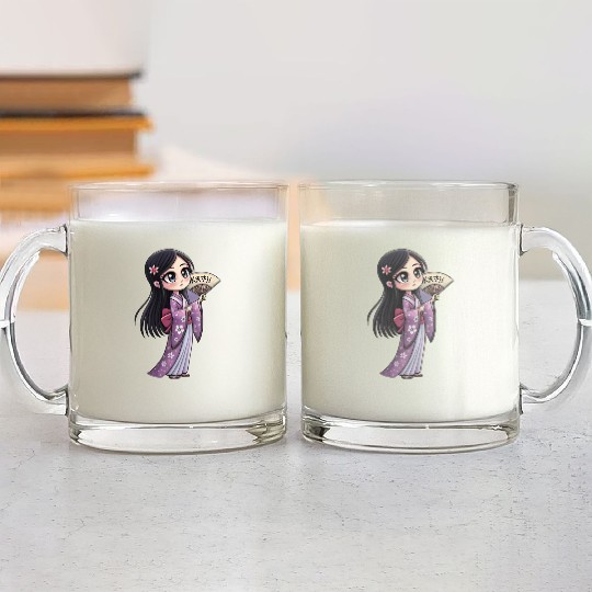 Cute Chibi Geisha Anime Inspired Kimono Design Glass Mugs