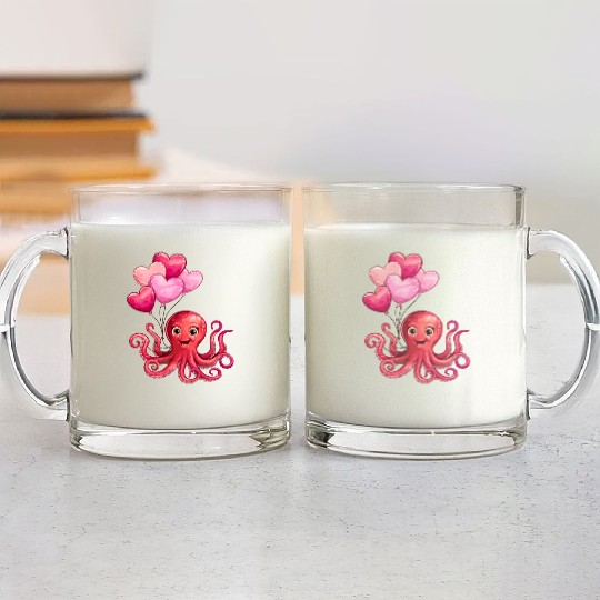 Octopus With Heart Balloons Valentines Day Octopus Glass Mugs