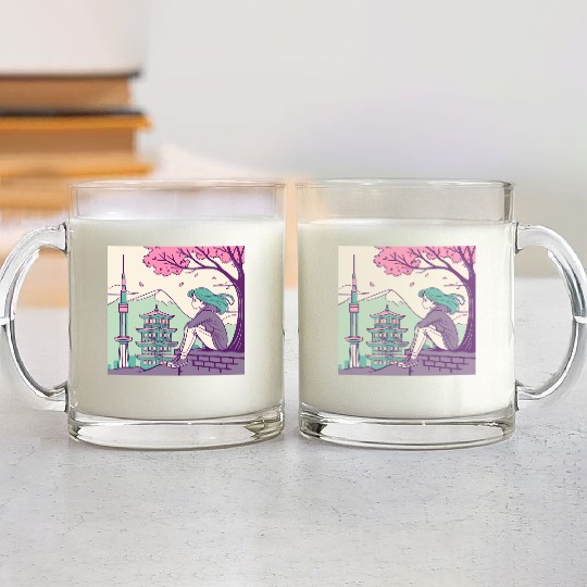 "Peaceful Anime Vibes: Girl Relaxing with Sakura Glass Mugs