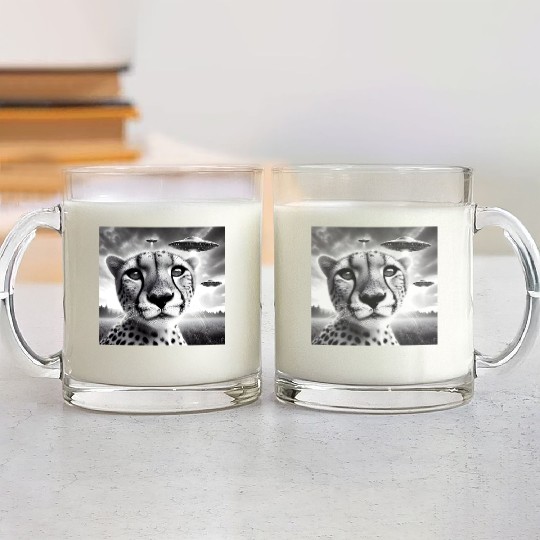 Cheetah Funny Graphic Selfie with UFOs Weird Alien Glass Mugs