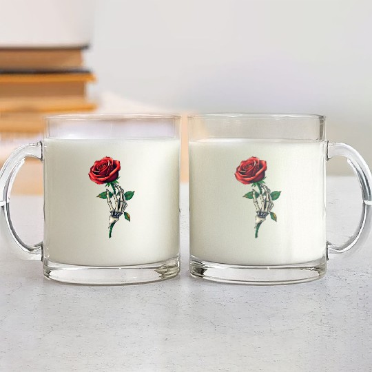 Skeleton Hand Holding a Rose: Beauty in the Dark Glass Mugs