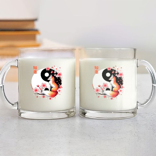 fox kitsune with cherry blossom in retro aesthetic Glass Mugs