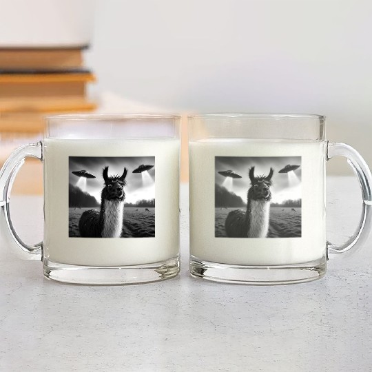 Llama alpaca Funny Graphic Selfie with UFOs Weird Glass Mugs