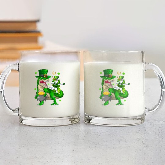 St Patricks Day Dabbing Unicorn Riding Dinosaur Glass Mugs