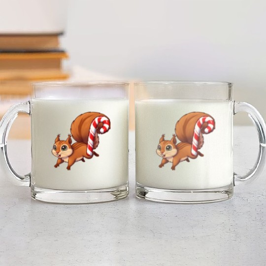 A squirrel with a candy cane tail. Glass Mugs