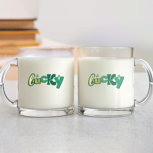 Lucky Typography with Shamrocks Glass Mugs