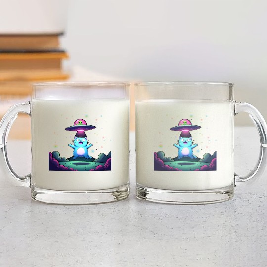 Alien Cat Abduction Art Glass Mugs