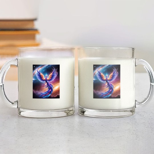 A majestic phoenix made of swirling stardust a Glass Mugs