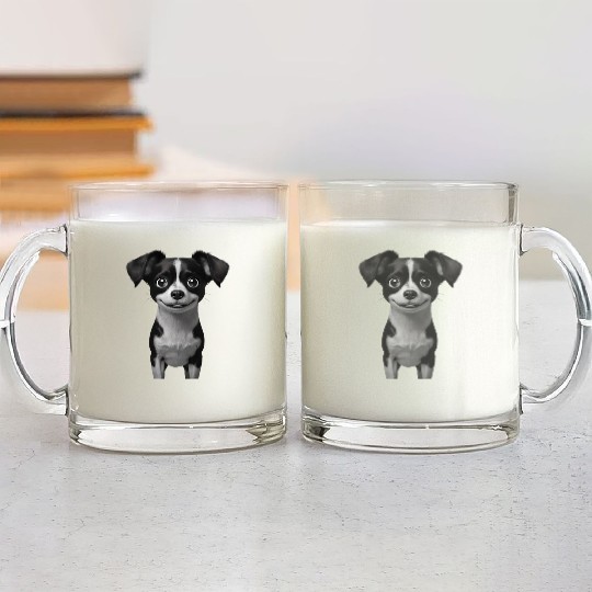 Happy Black and White Cartoon Dog with Big Eyes Glass Mugs