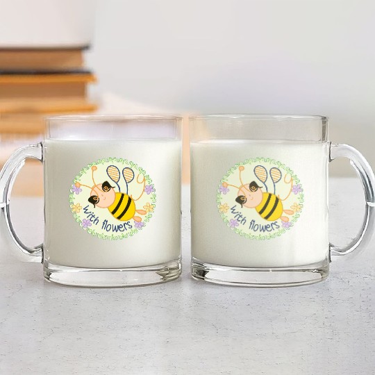 Happy Bee with Flowers - Spring Vibes Glass Mugs