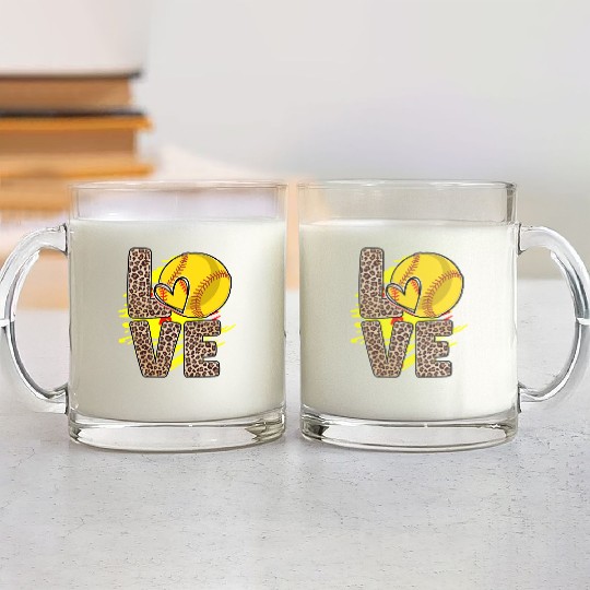 Leopard Print Love Softball Heart Neon Splash Glass Mugs