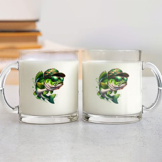 Camo Hat Bass Fish with Green Sunglasses Glass Mugs