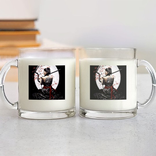 Samurai Serenity: Woman with Sword Under Cherry Glass Mugs