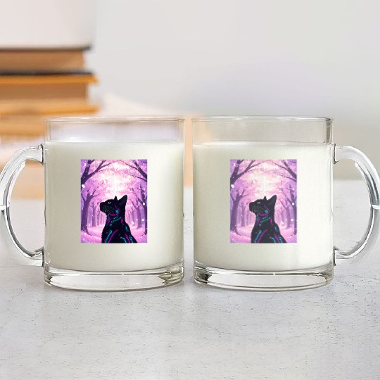 Midnight Cyber Cat | Pink Cherry Blossom Forest Glass Mugs