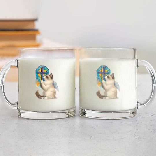 Celestial Cat with Stained Glass Cross Glass Mugs