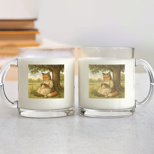Whimsical Fox Knitting Under Tree Glass Mugs
