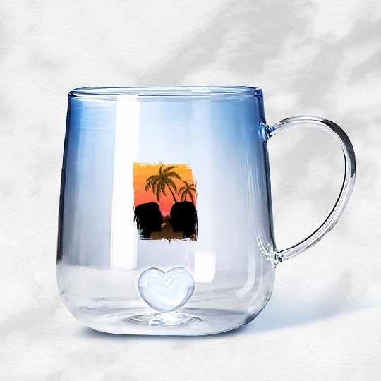 Couple Retro Sunset , Beach, Palm Trees, Vacation Gradient Glass Mugs
