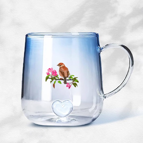 Sparrow on a branch pink flowers of an apple tree Gradient Glass Mugs