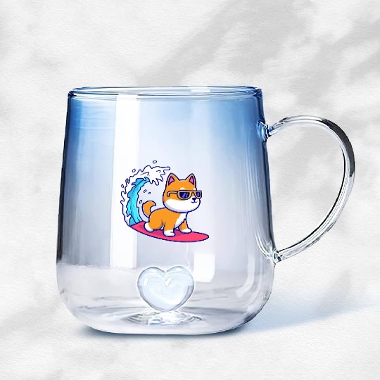 Cute Shiba Inu Dog Surfing in Sea Gradient Glass Mugs
