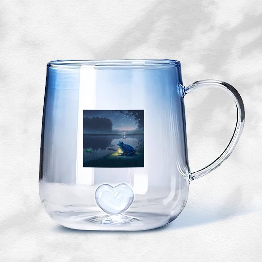 Blue Frog and Firefly on a pond at Night Gradient Glass Mugs