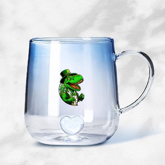 St Patricks Day T-rex Dinosaur With Top Hat Gradient Glass Mugs