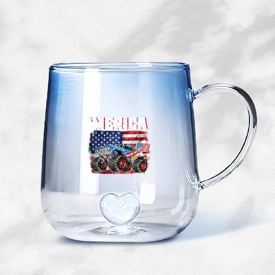 Monster Truck USA Merica Men Boys 4th of July Gradient Glass Mugs