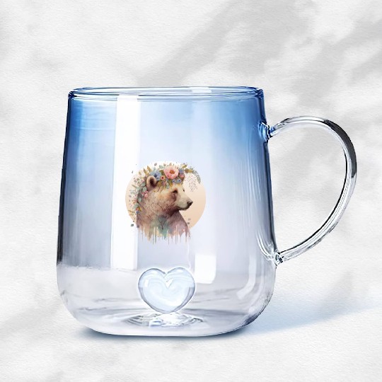 Brown Bear Watercolor Grizzly Bear Flower Crown Wi Gradient Glass Mugs
