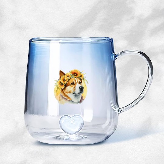 Watercolor Akita Sunflower Dog Breed Pet Puppy Gradient Glass Mugs