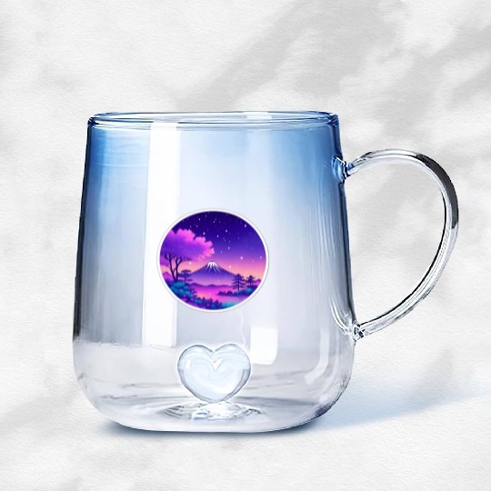 Japan Mount Fuji Night Sky Lo-Fi Art Retro Purple Gradient Glass Mugs