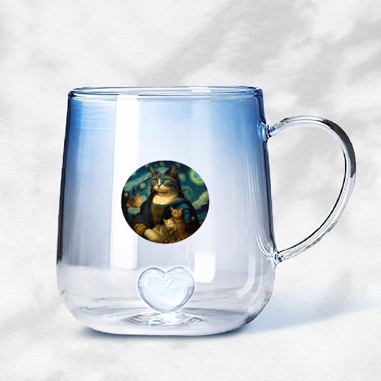 Mona Lisa With Cats Starry Night Van Gogh Painting Gradient Glass Mugs