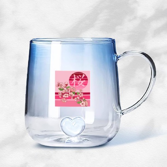 Cherry Blossom Gradient Glass Mugs, Sakura Flowers Kanji Pocket