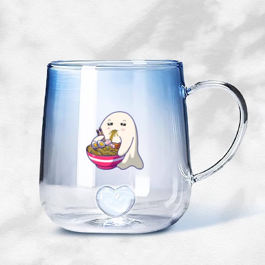 Cute Ghost Eat Ramen Kawaii Anime Halloween Noodle Gradient Glass Mugs
