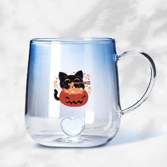 Kawaii Creepy black Cat Eating Ramen Noodles Gradient Glass Mugs