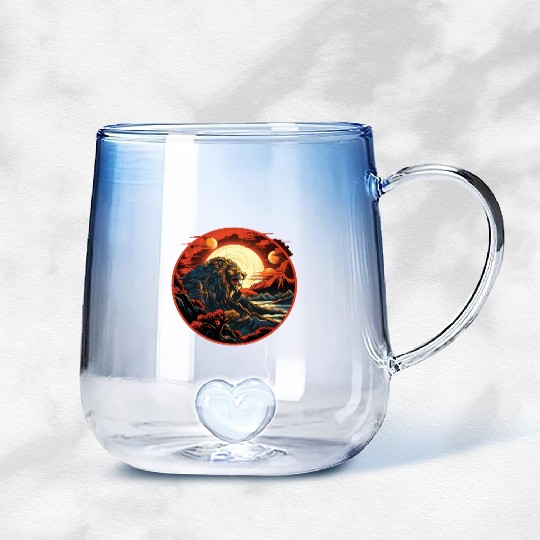 Red Japanese Style Mountain Lion Art Gradient Glass Mugs