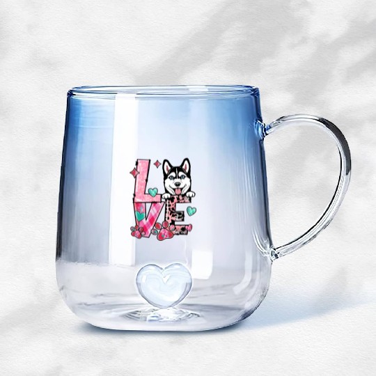 Husky Dog I Love My Dog Fur Baby Valentines Day Gradient Glass Mugs