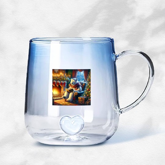 Winter Tales-Merry Cozy Bear Reading by Fireplace Gradient Glass Mugs