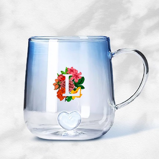 Capital letter L monogram with peony, lily flowers Gradient Glass Mugs