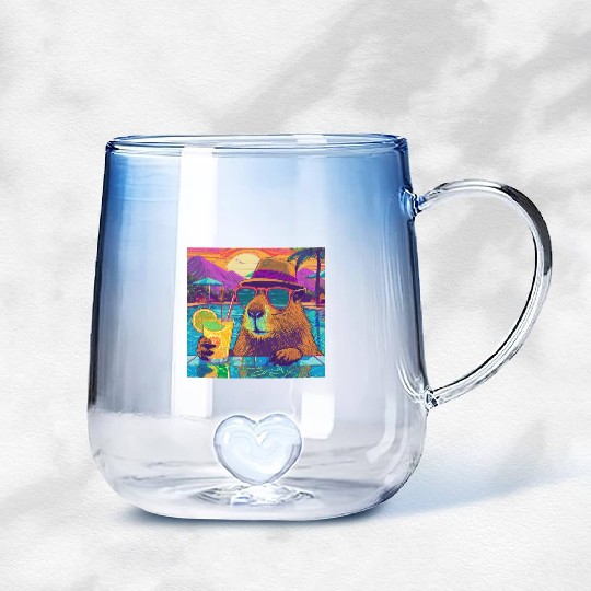 Capybara on vacation sipping on Lemonade Gradient Glass Mugs