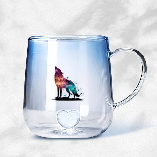 Wolf Print, Cosmic Wolves, Animal Print, Cosmos Gradient Glass Mugs