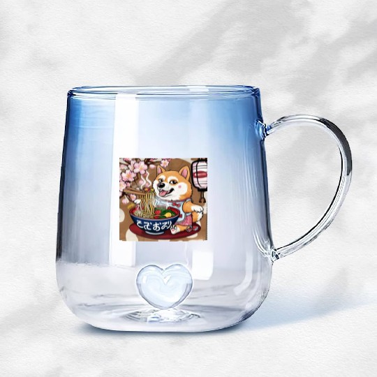 Shibas Inu Eating Ramen Noodles Kawaii Gradient Glass Mugs